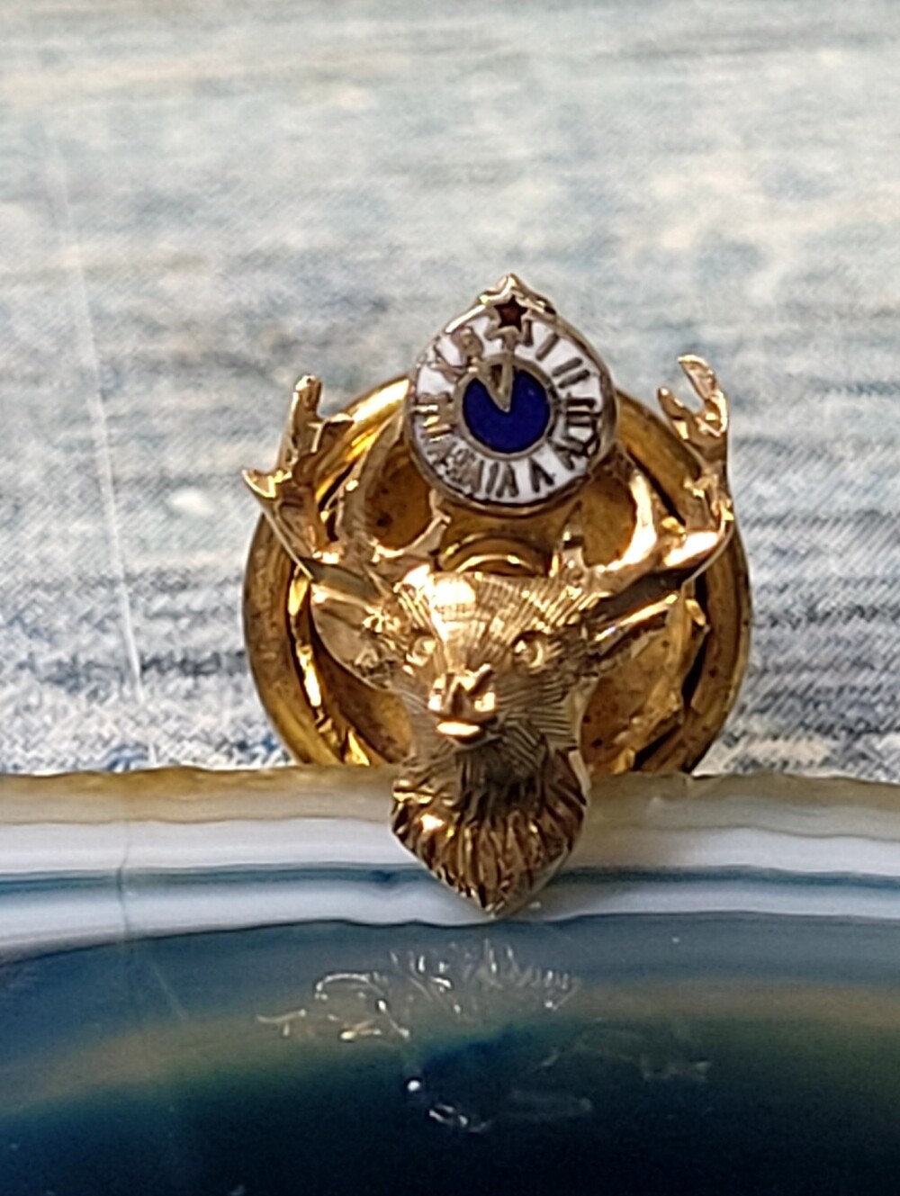 Gold Deer Stag Pin with Blue Clock Crest - Screw Pin.